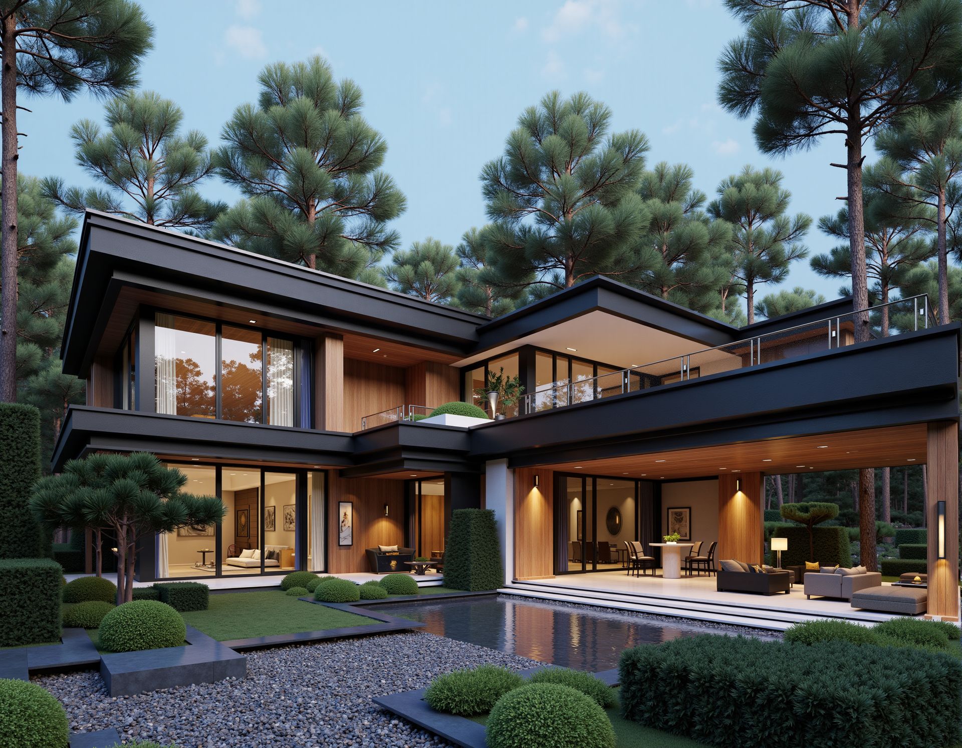 Modern modular home at dusk